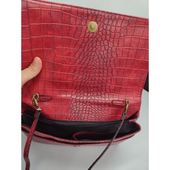 New Red Vegan Leather Crock Embossed Shoulder Bags / Clutch W Brass Stud Accents - Picture 5 of 16